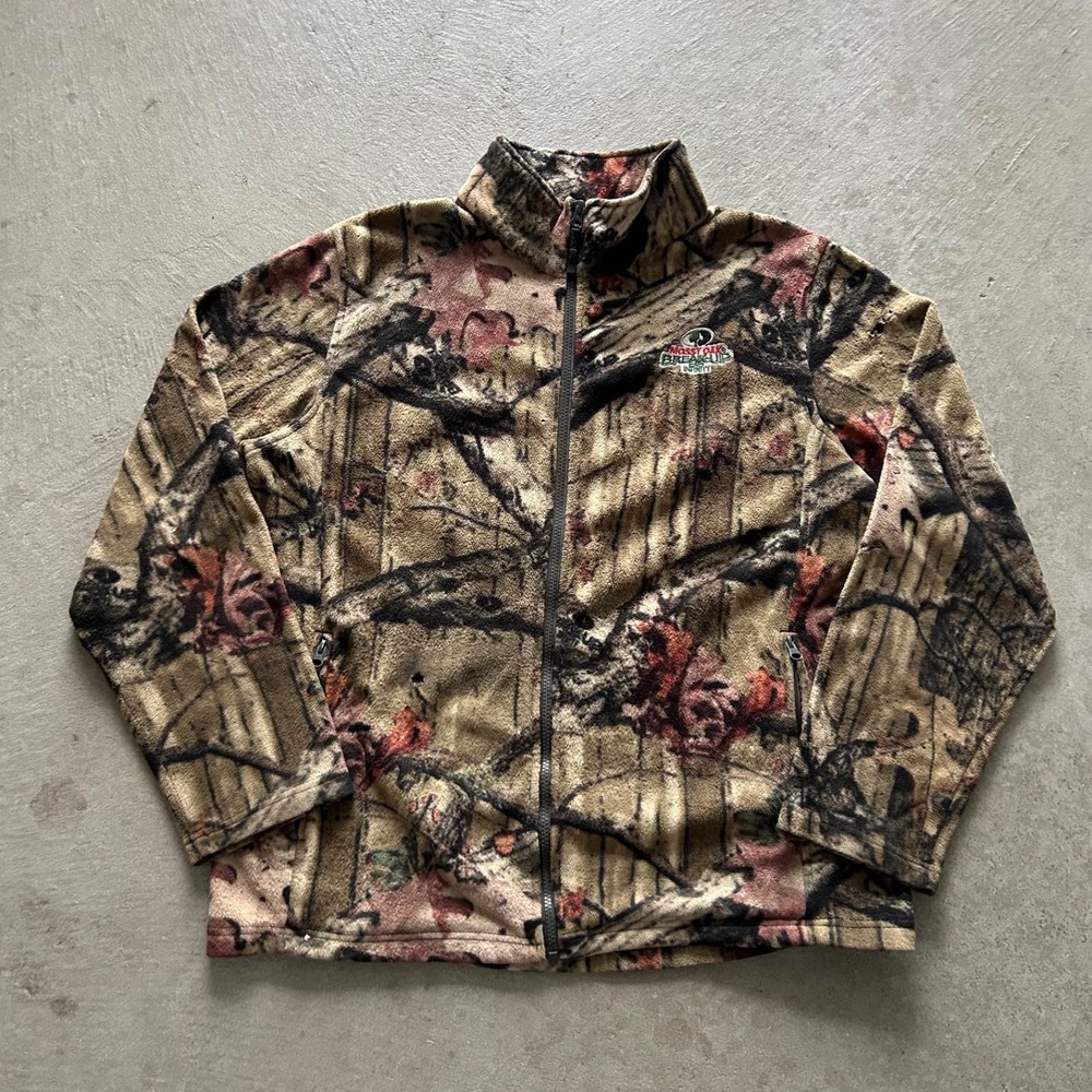 Vintage Mossy Oak Fleece Jacket Size Large Brown Camo Real Tree Full Zip Outdoor
